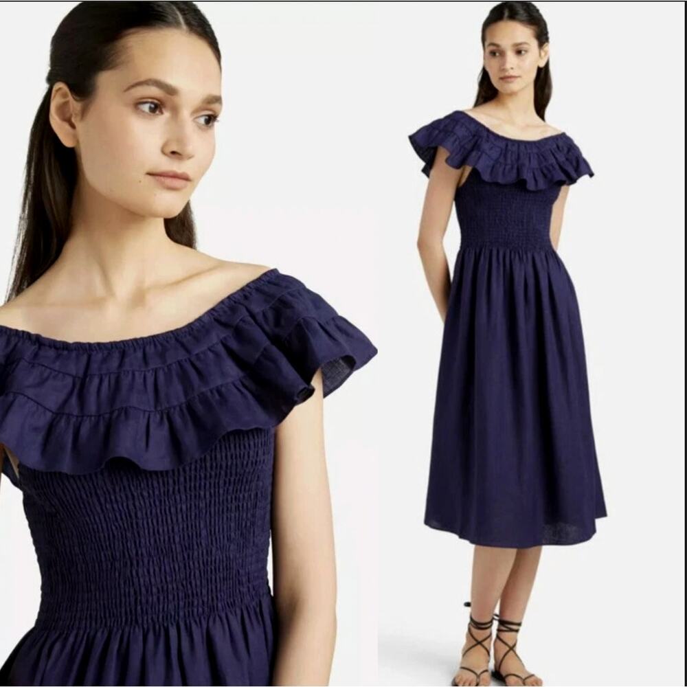 NEW Hill House XS Akilah 100% Linen Smocked Midi Nap Dress Cottagecore Navy Blue